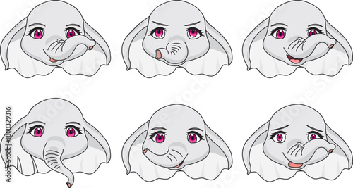 Elephant Face Expression Set Cartoon Animal Head Clip Art Vector