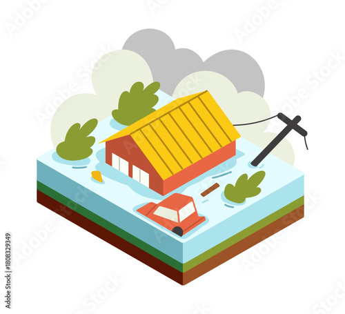 Isometric natural disaster flood concept with flooded house, car, and tress submerged in heavy rain. Vector illustration isolated on white background