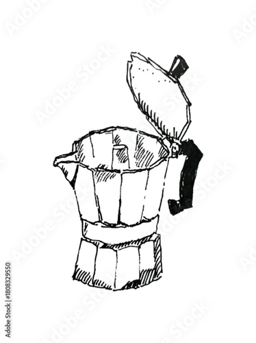 MOKA POT STAINLESS STEEL ALUMINIUM, coffee maker art line hand drawing in white background
