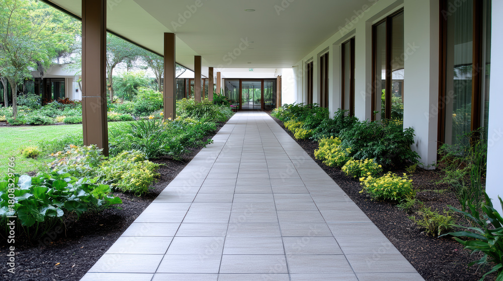 Obraz premium Covered walkway with garden beds and tiled path leading through calm courtyard
