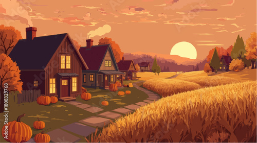 Warm Fall Village Scenery with Harvest Fields and Orange Sky
