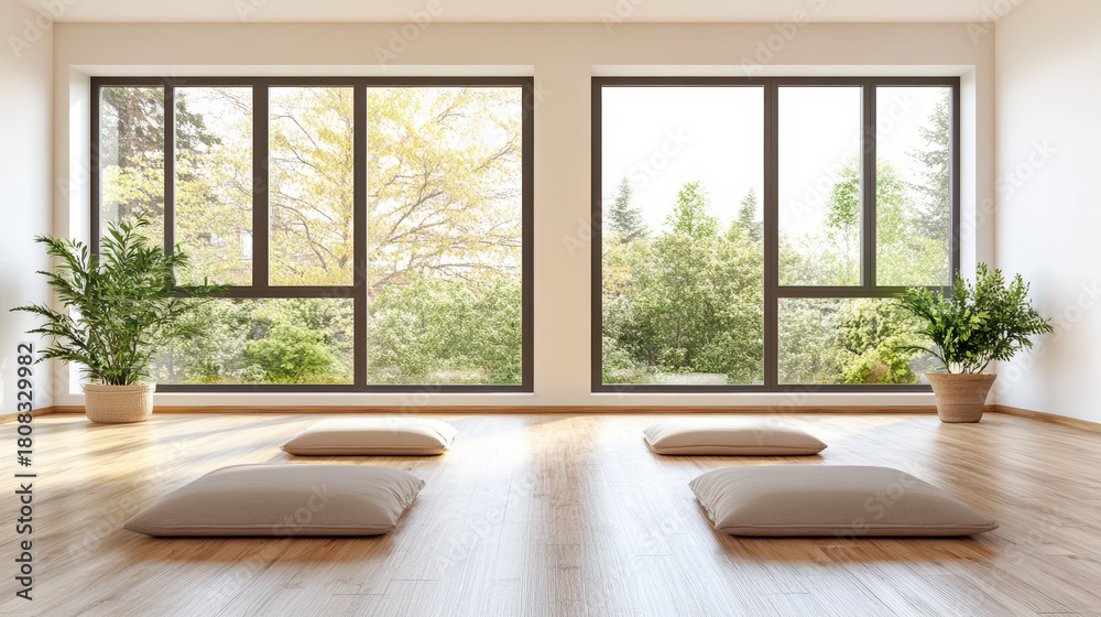 Fototapeta premium Bright meditation room with floor cushions and large windows overlooking green trees