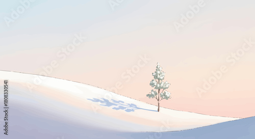 Solitary Tree On A Snowy Hill With Soft Colors Background