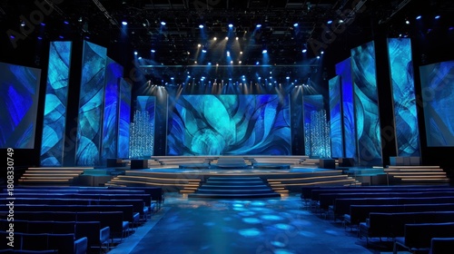 Corporate event stage with a large led video wall displaying abstract blue technology patterns and a modern podium center, perfect for tech innovation and digital transformation concept.
