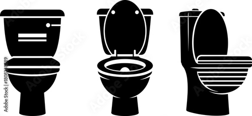 Bathroom toilet vector illustration set showing modern toilet bowl designs, flush tank silhouettes, hygiene symbols, and clean restroom fixture graphics for sanitation concepts