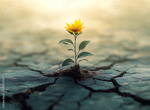 Single yellow flower blooming from cracked dry earth against soft light single flower