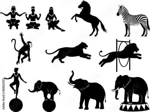 Circus performer and animal silhouette collection featuring acrobats, elephants, lions, horses, monkeys, and zebras in dynamic poses, perfect for creative vector illustration projects