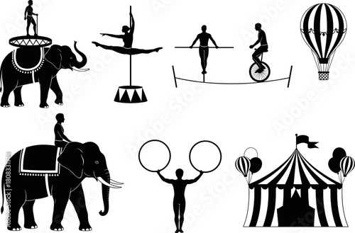 Circus performance vector illustration set featuring elephants, acrobats, tightrope acts, unicycle balancing, hot air balloon, and festive striped tent elements in bold silhouette style