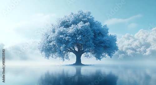 Solitary blue tree with dense foliage reflected in calm water reflection