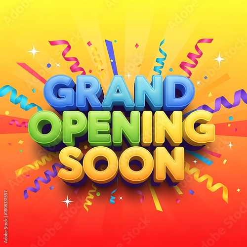 Grand Opening Soon Announcement with Bold 3D Text and Festive Confetti Background