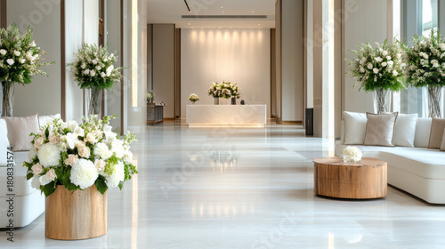 Elegant white floral arrangement modern lobby upscale interior marble floor neutral decor lounge