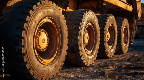 Close-up of mining truck tires in outdoor sunlight