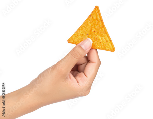 Hand holding nacho chip tortilla snack food isolated background on transparent background