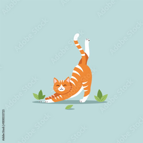 Cute striped orange cat stretching happily on a pale blue background with small green leaves.