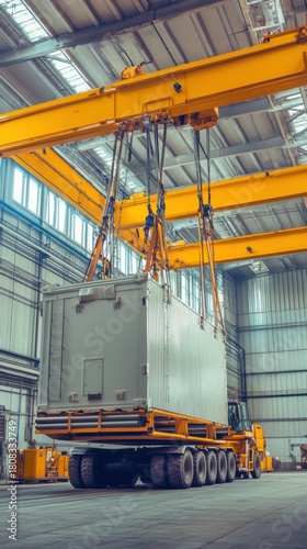 Industrial heavy crane lifting a large container in a warehouse