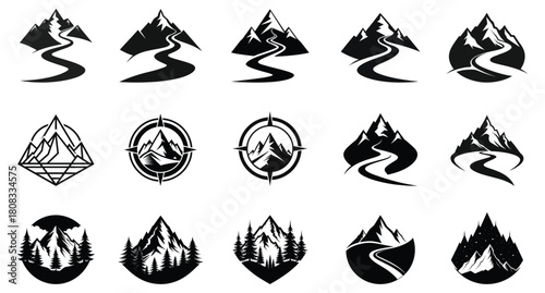 Mountain Landscape Silhouette Set Adventure Peaks, Forest Trail & Outdoor Badge Icons