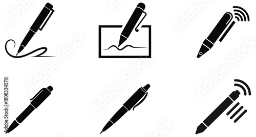 Black Pen Silhouette Icon Set Writing, Signature, Digital Pen & Ink Tool Symbols