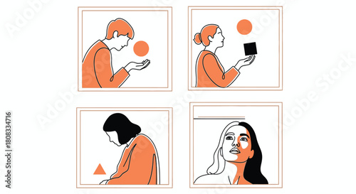 Four panel illustration depicting abstract ideas of engagement, observation, and introspection using minimalist line art and orange color palette