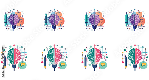 Creative Brain Pencil Icon Set AI Mind, Education Idea, Innovation & Learning Vector Collection