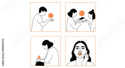 Four panel illustration showing abstract concepts of connection, interaction, and selfreflection with minimalist line art and orange accents