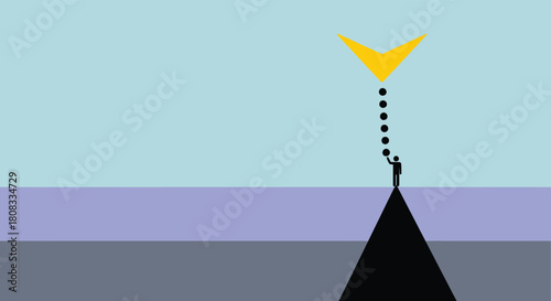 Silhouette of a person standing on a black pyramid reaching for a yellow arrow symbol with a dotted line, symbolizing ambition and goals