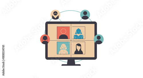 Online meeting with four participants in video conference call on computer screen