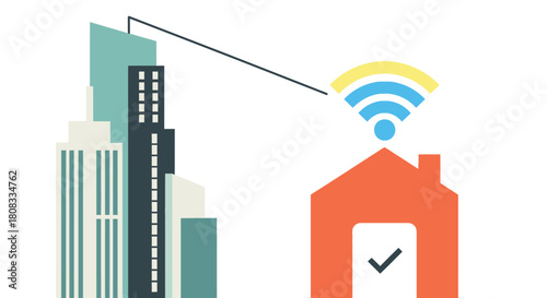 Smart home concept illustration showing a house connected to city buildings via wifi signal