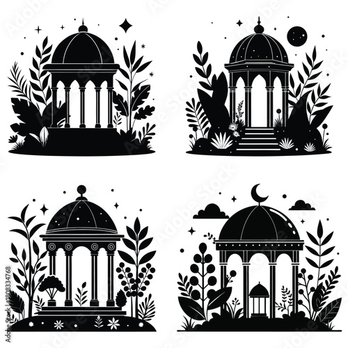 Elegant Garden Gazebo Silhouette Set Botanical Pavilion, Nature Scene & Decorative Landscape Icons