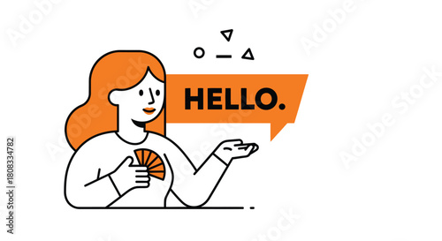 Woman holding a fan and saying hello in a speech bubble
