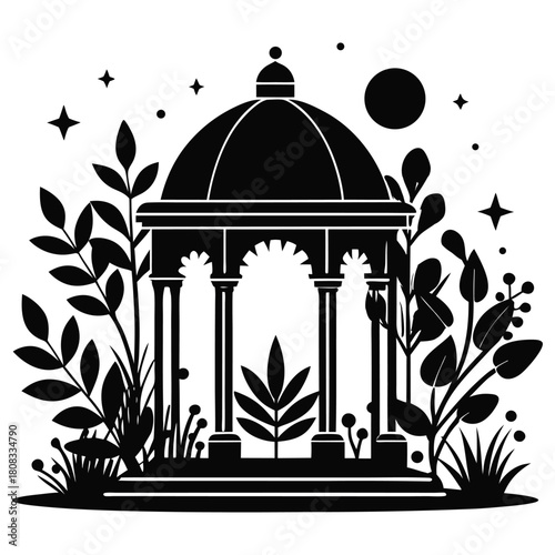 Elegant Garden Gazebo Silhouette Decorative Pavilion with Plants & Nature Elements