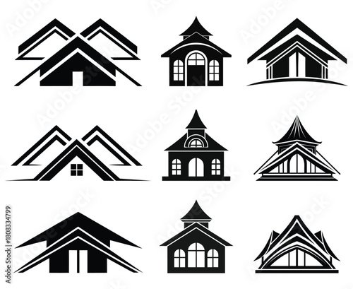 Modern House & Roof Icon Set Stylish Residential Building Silhouette Collection