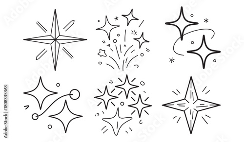 Doodle star icon set hand-drawn vector illustration of celestial sparkle shapes isolated on white background