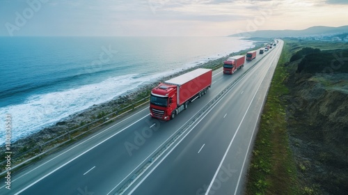 Red trucks convoy traveling along a coastal highway
