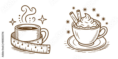 Hand-drawn coffee cups with measuring tape and whipped cream vector illustration for diet and indulgence concepts isolated on white background