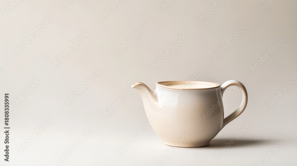 Fototapeta premium a delicate ceramic jug with a gracefully curved spout, filled with sweet, velvety condensed milk, captured in a minimalist composition on a white background