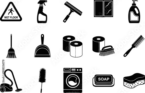 Cleaning supplies vector illustration collection showing essential household tools, hygiene products, washing equipment, and sanitation icons in simple black silhouette style for maintenance concepts