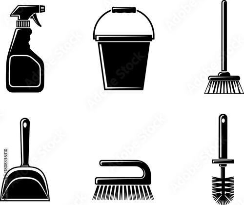 Cleaning tools vector illustration set featuring spray bottle, bucket, broom, dustpan, scrubbing brush, and toilet brush in bold black silhouette style for household maintenance