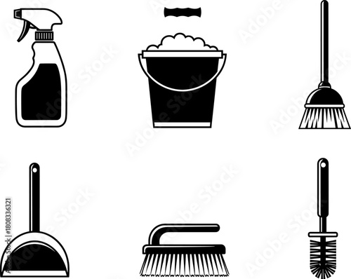 Cleaning tools vector illustration set featuring spray bottle, soap bucket, broom, dustpan, scrub brush, and toilet brush in bold black silhouette style