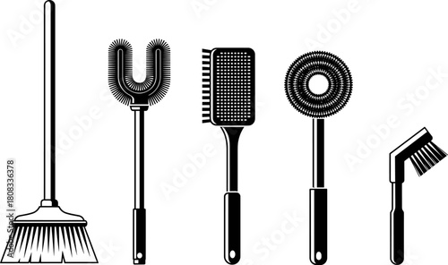 Cleaning tools vector illustration, broom, scrub brushes, round brush, U-shaped brush, handheld angle brush, household cleaning equipment icons for home maintenance