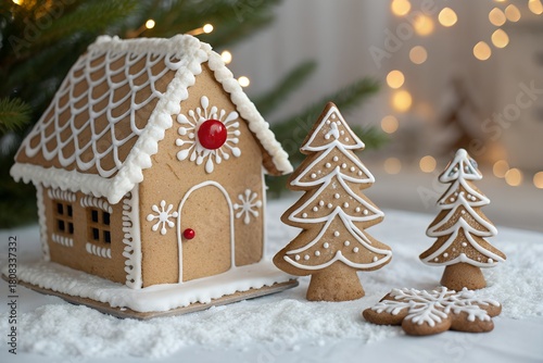 Festive gingerbread house and trees create a magical holiday season display