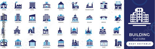 Building icon set with house, office, hospital, mall, school, farm, religious and civic structures, perfect for apps, maps, infographics, and real estate projects.