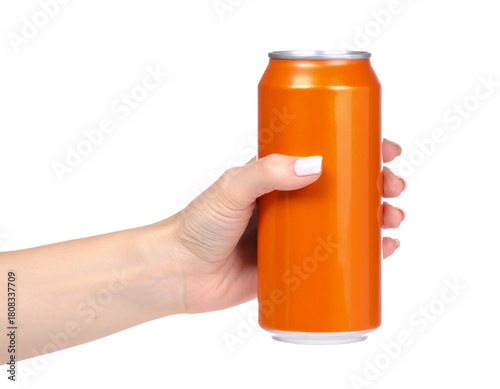 Hand holding orange soda can refreshment drink isolated studio on transparent background