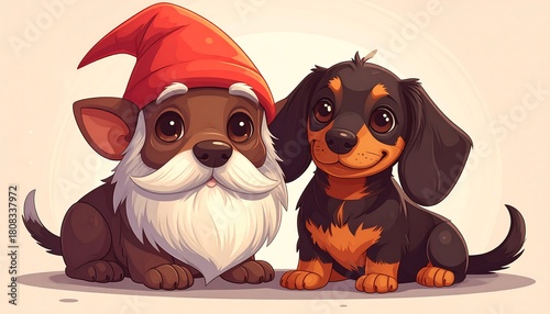 Animated scene showing a cartoon dog dressed as a gnome and next to a dachshund puppy on a beige background