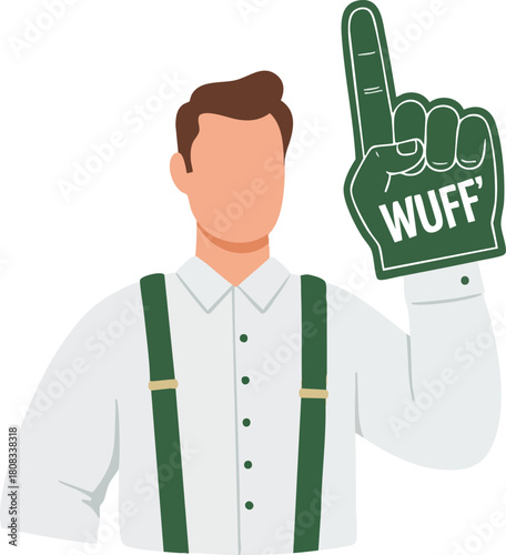Minimalist Vector Illustration of Man Wearing White Shirt with Green Suspenders and Foam Finger in WUFF Message Style in Modern Flat Design