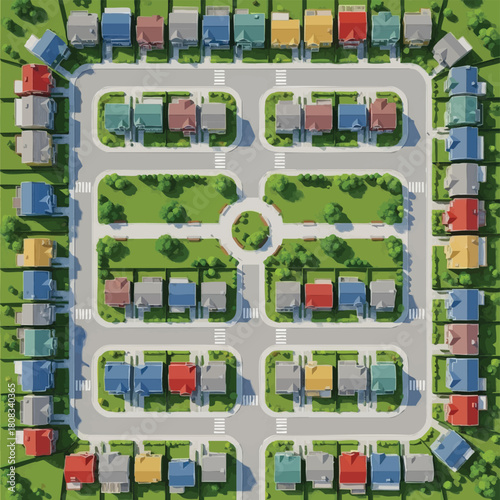 Aerial view showcases a meticulously planned residential neighborhood featuring colorful houses, green spaces, and well-maintained streets in a community.