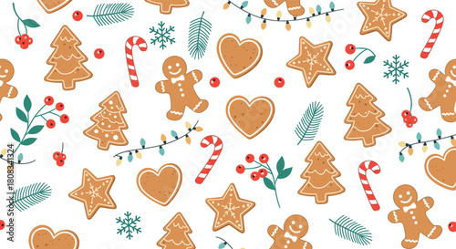 Christmas seamless pattern featuring gingerbread cookies, candy canes, string lights, and festive elements on a white background.
