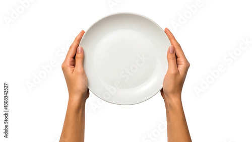 Clean empty white plate held by human hands, ready for presentation isolated on white background