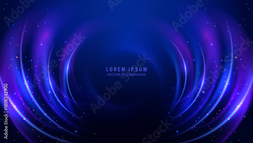 Futuristic abstract background in deep blue and violet tones with curved neon light trails