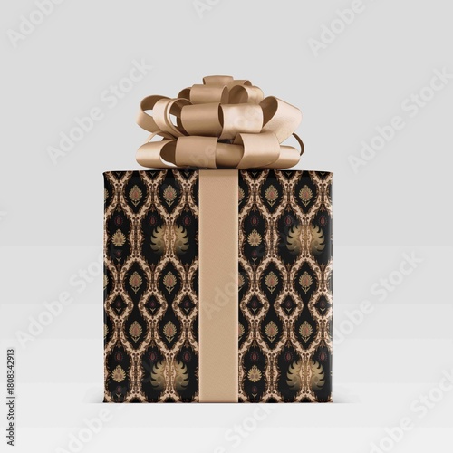 Ornate Gift Box with Gold Ribbon and Baroque-Inspired Wrapping Paper