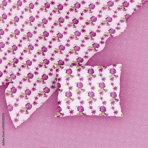 Floral bedding set with purple roses and small flowers against a pink background with pillow and sheet